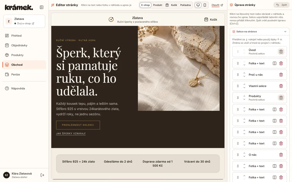 Editor stránky Krámku s náhledem e-shopu a panelem sekcí